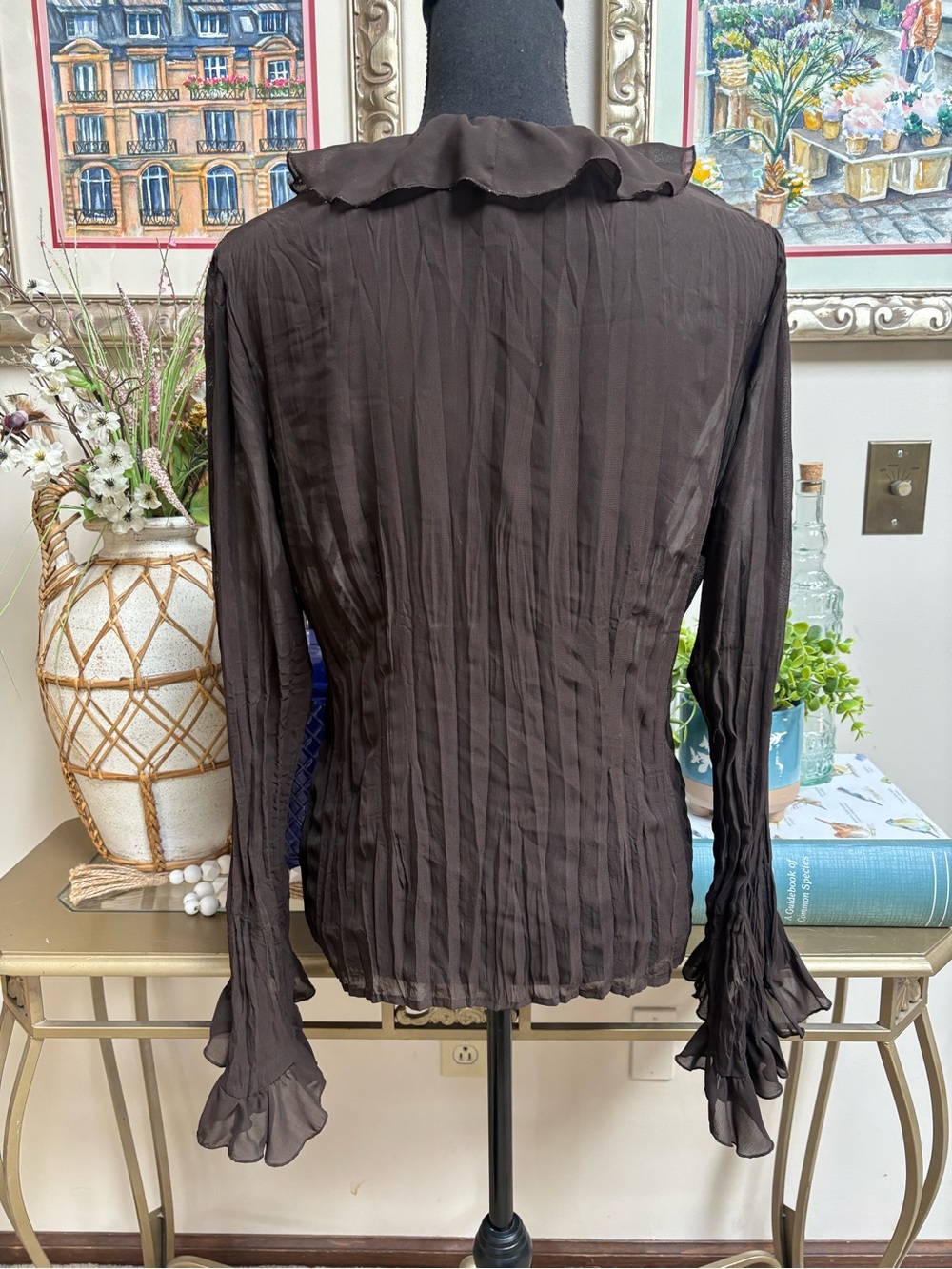 Y2K NY Collection Brown Ruffle Tie-Front Blouse with White Floral Embroidery - Picture 3 of 7